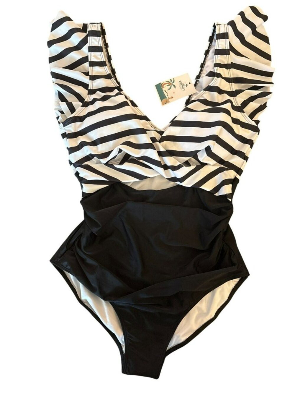 NWT B2PRITY Black & White Striped One-Piece Ruffle Tummy Control Cutout Swimsuit
